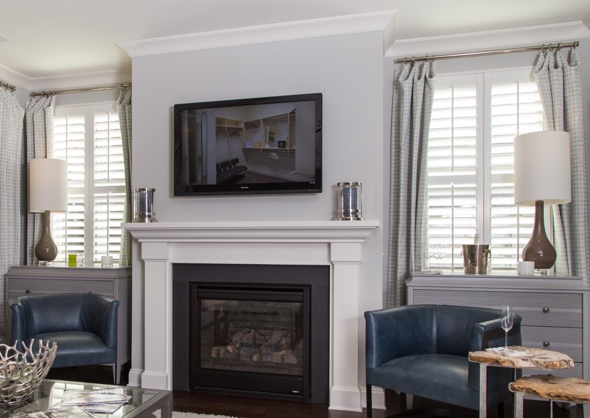 living room San Diego faux wood shutters